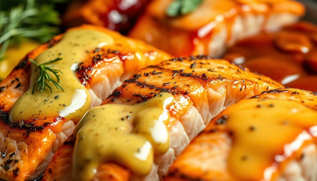 A delectable arrangement of perfectly seared salmon fillets, each drizzled with an array of vibrant, artfully crafted sauces. In the foreground, a creamy dill sauce, its vibrant green hue complementing the tender salmon. Beside it, a rich, velvety beurre blanc, its golden sheen reflecting the warm lighting. In the background, a tangy, sweet chili glaze, its crimson hue adding depth and complexity to the overall composition. The scene is captured in a soft, warm lighting, highlighting the succulent texture of the fish and the glossy sheen of the sauces, creating an inviting and mouthwatering display.