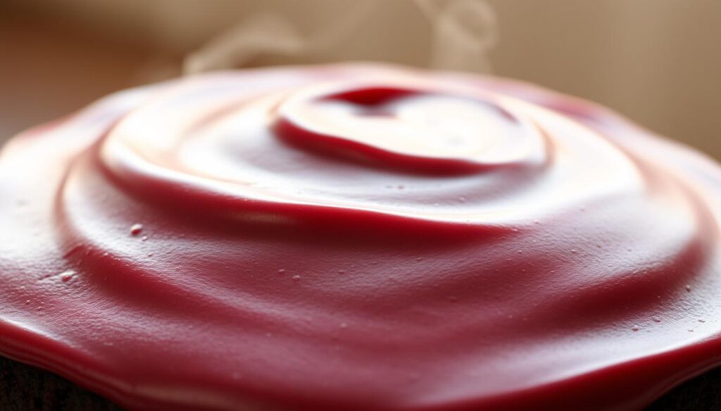 A delectable close-up of a rich, velvety cake icing, glossy and smooth, adorning the top of a cohesiverecipes moist chocolate cake. The icing has a deep, luxurious burgundy hue, with a silky, buttery texture that glistens under the warm, diffused lighting. The surface is perfectly even, with a slight sheen that suggests a velvety, melt-in-your-mouth consistency. Wisps of steam rise gently, hinting at the freshly applied icing. The composition is centered, allowing the viewer to focus on the luscious, appetizing details of this irresistible cohesiverecipes velvet cake icing.