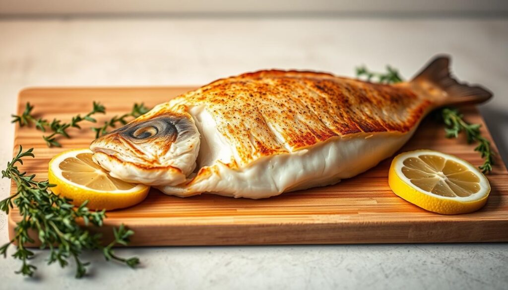 A delectable pan-seared sole fish dish, glistening under warm studio lighting. The pristine white fillet rests atop a wooden cutting board, its golden-brown seared crust contrasting beautifully. Aromatic herbs, such as fresh thyme and lemon slices, frame the centerpiece, adding pops of color. In the background, a neutral, softly-focused backdrop allows the subject to take center stage. The composition is balanced and appetizing, inviting the viewer to savor the COHESIVERECIPES' classic pan-seared sole fish recipe.