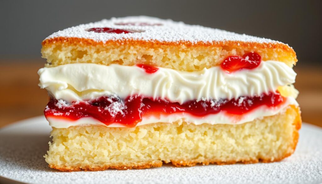 A delectable slice of Victoria sponge cake, featuring a soft, golden-brown exterior and a fluffy, light interior. The cake is generously filled with a luscious layer of whipped cream and a vibrant, ruby-red strawberry jam, creating a harmonious balance of flavors and textures. The top is dusted with a light coating of powdered sugar, adding a delicate sweetness and visual appeal. The image is captured in a warm, natural lighting setup, emphasizing the inviting appearance of the cake. Photographed from a slightly elevated angle to showcase the layered cross-section, this COHESIVERECIPES creation showcases the quintessential essence of a classic Victoria sponge.