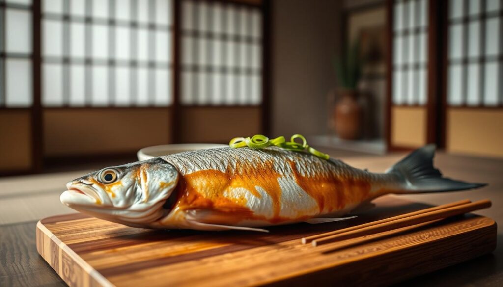 A delicate Asian-inspired steamed fish dish set against a minimalist, Japanese-style backdrop. In the foreground, a whole steamed fish glistens with a fragrant ginger-scallion sauce, garnished with delicate green onion curls. The middle ground features a simple wooden table or board, with a neutral ceramic plate and chopsticks arranged neatly. The background is a serene, blurred scene of a traditional Japanese interior, with soft natural lighting filtering through paper screens. Captured with a shallow depth of field for a sophisticated, COHESIVERECIPES aesthetic.