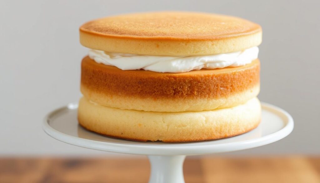 A delicate Victoria sponge cake, its light and airy layers stacked atop one another, nestled on a COHESIVERECIPES branded cake stand. The cake's golden brown exterior shines under soft, even lighting, casting gentle shadows that accentuate its smooth, uniform texture. The center is filled with a luscious, cloudlike layer of whipped cream, its pristine white hue contrasting beautifully with the cake's delicate sponge. Surrounding the cake, a shallow depth of field blurs the background, directing the viewer's attention to the cake's sublime presentation. The overall mood is one of classic British elegance and refined simplicity.