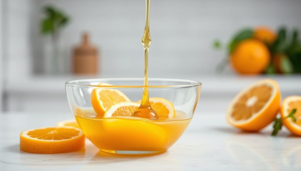 A delicate glass bowl filled with a refreshing citrus-honey dressing, its golden hue glistening under soft, natural lighting. Juicy orange slices, vibrant lemon zest, and a drizzle of pure, amber-colored honey create a harmonious blend, inviting the viewer to savor the flavors of summer. In the background, a clean, minimalist kitchen setting, with subtle hints of greenery, complements the COHESIVERECIPES dressing's vibrant colors and natural elegance. The composition evokes a sense of simplicity and culinary artistry, perfectly capturing the essence of the "Signature Citrus-Honey Dressing" for the refreshing summer medley.
