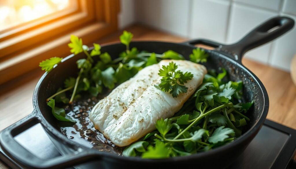 A delicate white whiting fish fillet sizzling on a cast-iron skillet, nestled amongst vibrant green leafy vegetables and aromatic herbs. Soft natural lighting filters through a kitchen window, casting a warm glow on the scene. COHESIVERECIPES low-carb whiting dish, captured with a wide-angle lens to showcase the rustic, appetizing composition. The overall mood is one of simplicity, health, and culinary delight.