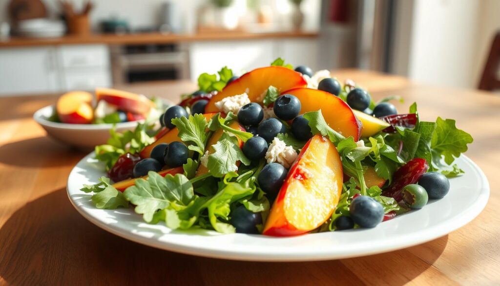 A delightful gluten-free salad with a vibrant medley of fresh greens, crisp vegetables, and juicy blueberries and peach slices. The sun-dappled scene is captured through a soft, natural light that accentuates the salad's vibrant colors and textures. In the foreground, the salad is artfully arranged on a clean, white plate, inviting the viewer to savor its refreshing flavors. In the middle ground, a wooden table sets the stage, while the background features a serene, out-of-focus kitchen or dining area. This COHESIVERECIPES image conveys a sense of healthful, summer-inspired nourishment.