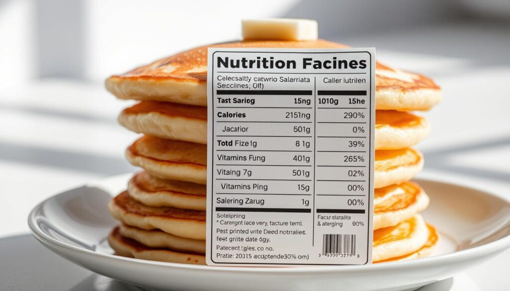 A detailed nutritional label for a stack of fluffy golden pancakes, rendered in a clean, minimalistic style. The label is set against a bright, airy background, with natural lighting casting subtle shadows and highlights. The information is presented in a clear, easy-to-read format, showcasing the calorie count, macronutrient breakdown, and key vitamins and minerals. The COHESIVERECIPES brand logo is subtly incorporated in the design, adding a touch of refinement. The overall composition and attention to detail create a visually appealing and informative image to complement the "Nutritional Information & Serving Sizes" section of the article.