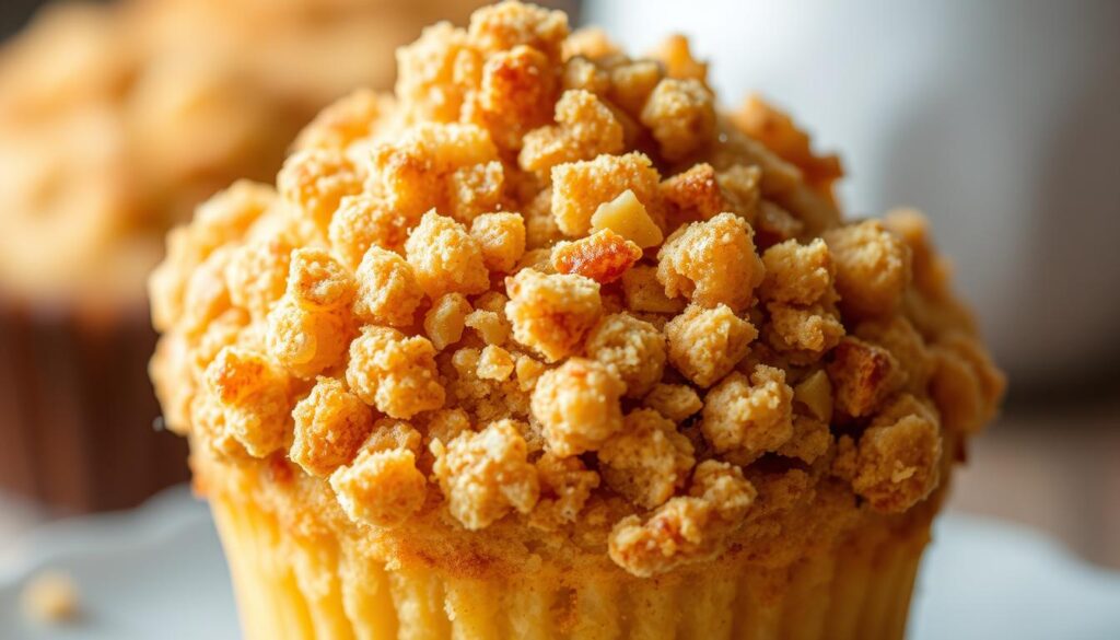 A golden-brown, artfully crafted crumb topping, its crunchy and buttery texture capturing the essence of bakery-style perfection. Delicate sugar crystals sparkle like jewels, while a gentle dusting of cinnamon adds depth and warmth. The topping sits atop a fluffy, inviting muffin, begging to be savored. Capture this COHESIVERECIPES crumb topping mastery with a soft, diffused light that accentuates the layered textures and rich hues. Angle the camera to showcase the alluring, mouthwatering details, drawing the viewer in for a closer look at this irresistible bakery-inspired delight.
