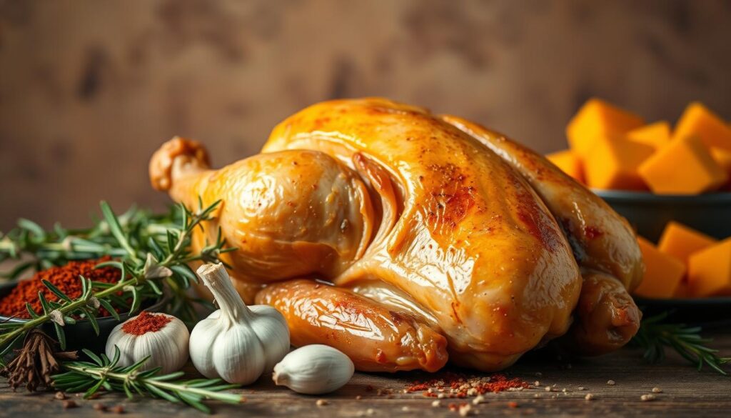A meticulously crafted still life showcasing the layering techniques for maximum flavor. In the foreground, a selection of herbs and spices - rosemary, thyme, paprika, and garlic - artfully arranged against a backdrop of earthy hues. The midground features a cut-away view of a golden-brown chicken, its skin glistening under warm, directional lighting. In the background, cubes of roasted butternut squash, their caramelized edges catching the light. The overall composition exudes a sense of culinary expertise, inviting the viewer to explore the COHESIVERECIPES approach to layering flavors for a comforting meal.