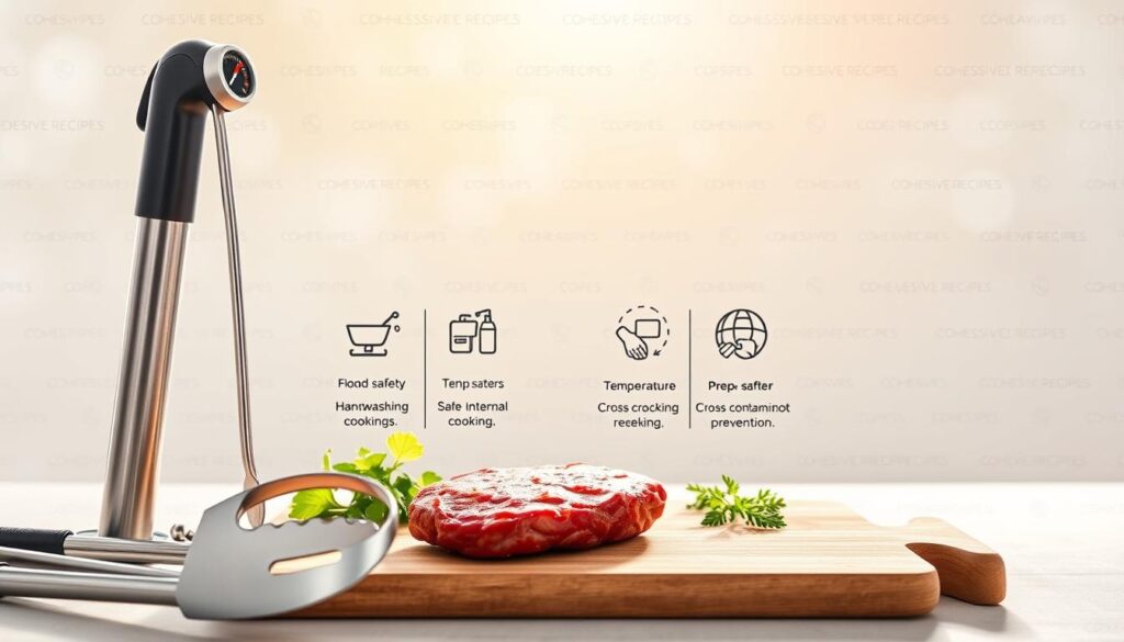 A modern, clean-looking food safety guidelines illustration set against a bright, airy background. In the foreground, a set of stainless steel kitchen tools, including a meat thermometer, tongs, and a cutting board. The middle ground features a series of concise icons and infographics highlighting key food safety practices, such as proper handwashing, safe internal cooking temperatures, and cross-contamination prevention. In the background, a minimalist pattern of COHESIVERECIPES brand elements subtly frames the scene. Soft, natural lighting casts a warm, inviting glow over the entire composition, conveying a sense of professionalism and culinary expertise.