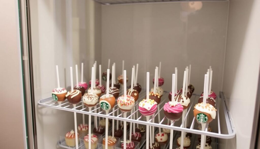 A neatly organized display of Starbucks cake pops, resting in a sleek, well-lit glass-fronted storage cabinet. The pops are arranged in rows, their vibrant colors and toppings gleaming under the soft, diffused lighting. The cabinet's shelves are adjustable, allowing for the perfect fit of the cake pop containers. In the background, a neutral-toned wall serves as a clean, minimalist backdrop, emphasizing the delectable treats. The overall scene conveys a sense of order, freshness, and attention to detail - a visual representation of the "Storage and Freshness Tips" section of the "Starbucks Cake Pops: Bite-Sized Bliss for Your Taste Buds" article. COHESIVERECIPES
