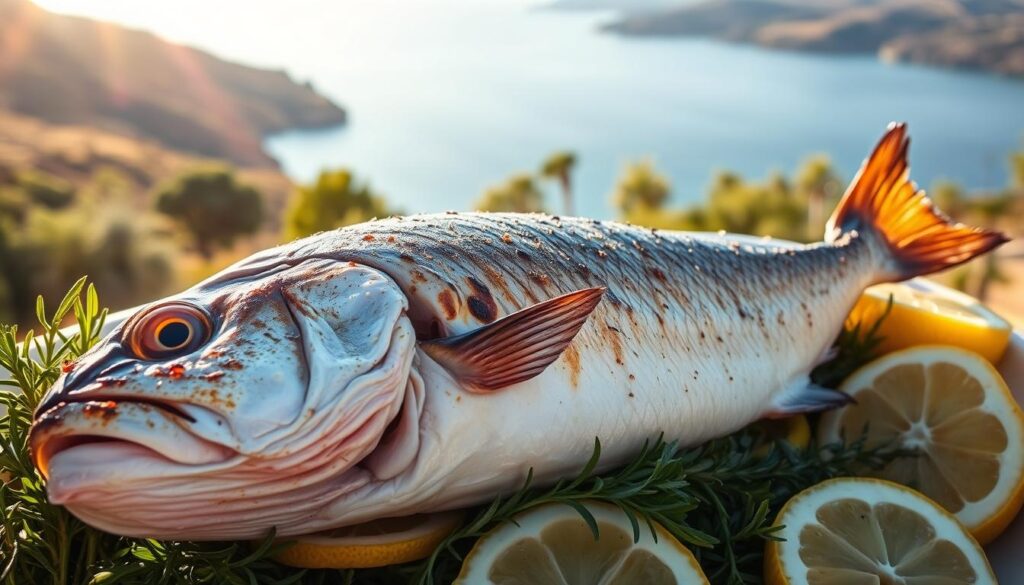 A perfectly grilled whole sole fish resting on a bed of fresh Mediterranean herbs and lemon slices, illuminated by warm, golden-hued sunlight filtering through a seaside scene. The fish's delicate, flaky white flesh glistens, its crisp, lightly charred skin contrasting beautifully. In the background, a picturesque coastal landscape with rolling hills, olive trees, and a tranquil blue sea. The overall mood is one of rustic simplicity and coastal elegance. COHESIVERECIPES
