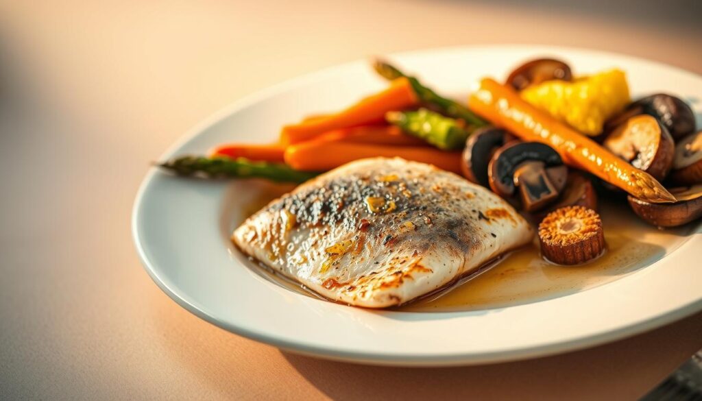 A perfectly plated arrangement of roasted vegetables and delicate sole fish, basking in a warm, golden glow. In the foreground, a succulent filet of sole, seared to perfection, glistens under a soft, directional lighting. Surrounding it, a medley of roasted vegetables - vibrant carrots, tender asparagus spears, and earthy mushrooms - artfully arranged to create a visually stunning composition. The middle ground features a smooth, neutral background, allowing the vibrant colors and textures of the seafood and produce to take center stage. The overall mood is one of culinary elegance and refined simplicity, inviting the viewer to savor the harmonious flavors of this COHESIVERECIPES culinary masterpiece.