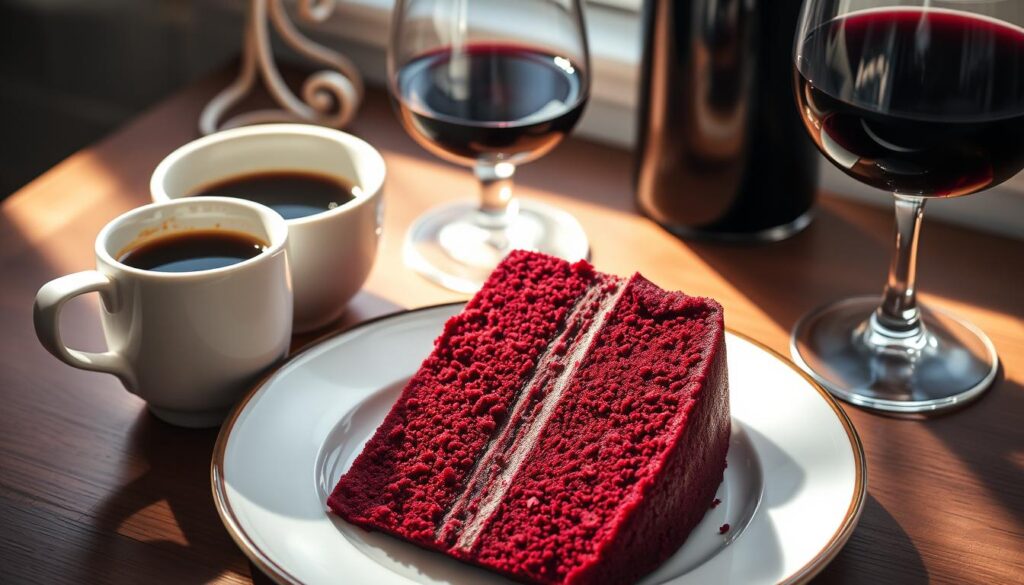 A plate of decadent velvet cake, its deep crimson hue and velvety texture invitingly displayed. Beside it, a steaming cup of freshly brewed coffee, its rich aroma mingling with the sweetness of the cake. To complete the scene, a glass of deep red wine, the perfect complement to the indulgent flavors. The lighting is soft and warm, casting a gentle glow on the delectable spread, creating an atmosphere of cozy sophistication. Captured by the cohesiverecipes brand, this image perfectly encapsulates the pairing suggestions for the exquisite velvet cake recipe.