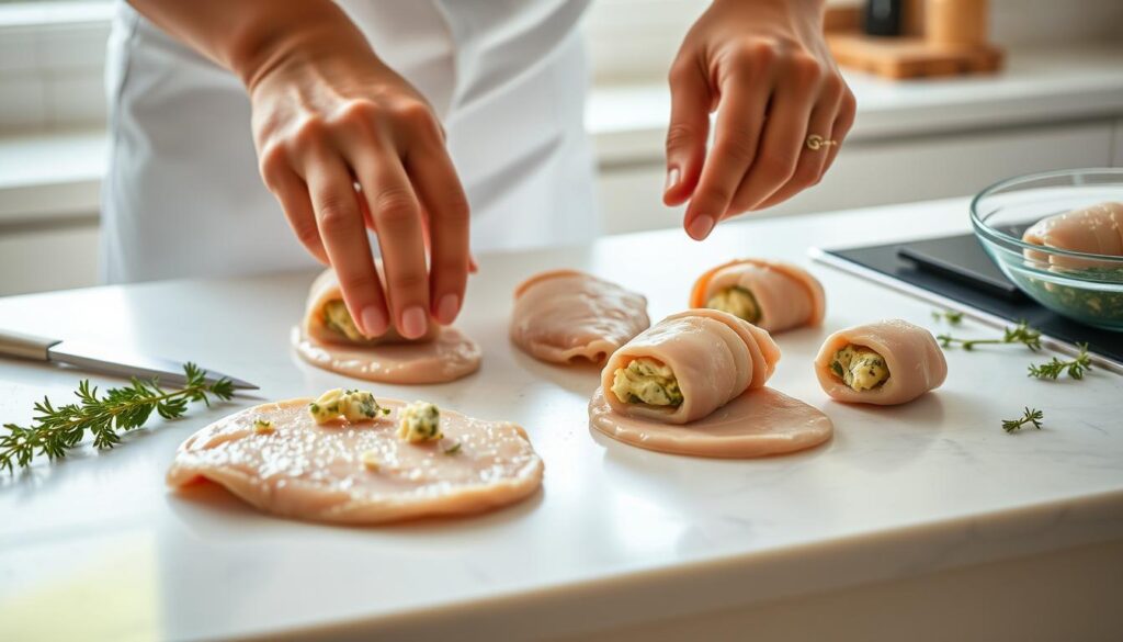 A pristine kitchen counter, bathed in soft natural light, showcases the intricate assembly of stuffed chicken breasts. Tender chicken fillets are carefully pounded flat, filled with a delectable garlic-herb compound butter, then expertly rolled and secured. The scene captures the precise technique, with hands gently molding the chicken bundles, creating the iconic COHESIVERECIPES Chicken Kiev. The composition features a close-up view, emphasizing the skilled craftsmanship and attention to detail required to produce this classic dish. An atmosphere of culinary mastery and mouthwatering anticipation permeates the image.