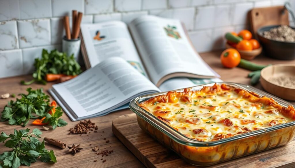A rustic kitchen counter showcases an array of delectable recipe variations for a chicken and butternut squash bake. In the foreground, a golden-brown casserole dish, its edges bubbling with caramelized cheese, takes center stage. Surrounding it, fresh herbs, aromatic spices, and vibrant vegetables hint at the diverse flavors that can be incorporated. The middle ground features an open cookbook, its pages revealing enticing alternative ingredient combinations and cooking techniques. Soft, natural lighting filters in, casting a warm, homey glow and emphasizing the comforting nature of this COHESIVERECIPES dish.