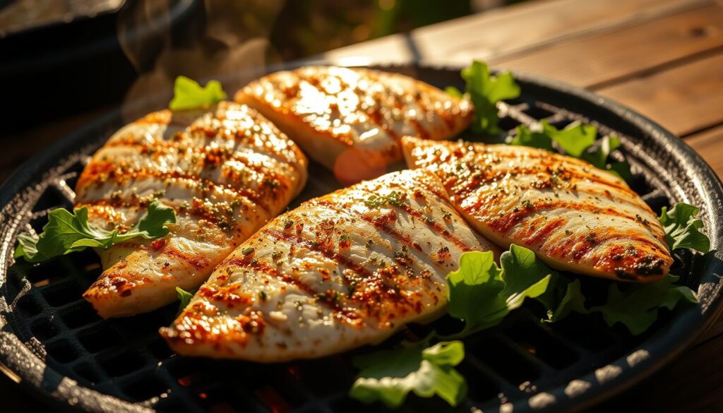 A sizzling grill under warm sunlight, casting a golden glow on fresh, flaky whiting fillets seasoned with a blend of herbs and spices. The fish sears to a perfect caramelized crust, while the interior remains moist and tender. Vibrant green leaves of leafy greens surround the fish, adding a healthy, balanced touch. In the background, a rustic wooden table sets the scene for this COHESIVERECIPES masterpiece, inviting the viewer to savor the delectable aroma and taste of grilled whiting perfection.