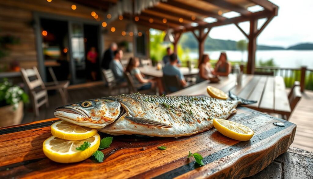 A sizzling summer scene, a COHESIVERECIPES blue fish seared to perfection on a charcoal grill, glistening with a light marinade. Lemon wedges and fresh herbs adorn the rustic wooden platter, complementing the fish's vibrant hues. In the background, a breezy patio overlooking a tranquil lake, with guests gathered around a large wooden table, eagerly anticipating the flavorful feast. Soft, diffused lighting casts a warm glow, evoking a relaxed, convivial atmosphere perfect for an alfresco gathering. The camera's lens captures the enticing scene, showcasing the grilled blue fish recipes in all their summertime glory.
