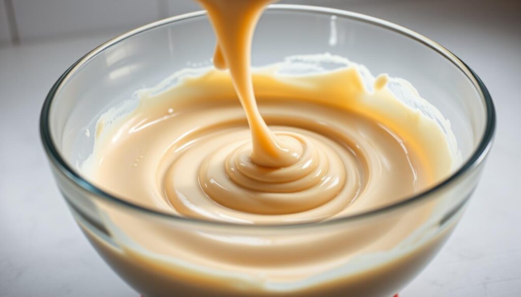 A smooth, velvety batter with a cohesive, pourable consistency swirls and flows gracefully in the center of the frame. Gleaming golden droplets cling to the sides of a pristine glass mixing bowl, bathed in soft, diffused lighting that accentuates the batter's lustrous, creamy texture. The backdrop is a clean, minimalist kitchen counter, creating a harmonious, appetizing scene. cohesiverecipes