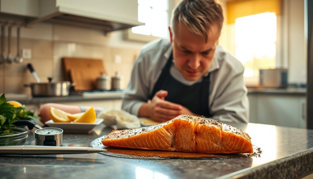 A spacious kitchen countertop, illuminated by warm, natural light filtering through a nearby window. On the surface, a freshly baked salmon fillet sits alongside various cooking tools and ingredients - a meat thermometer, lemon wedges, and a small bowl of seasoning. The salmon appears slightly overcooked, with a slightly drier and firmer texture than desired. In the foreground, a concerned chef examines the fish, furrowing their brow as they contemplate the issue. The scene evokes a sense of problem-solving, with the chef determined to understand and resolve the troublesome baking outcome.