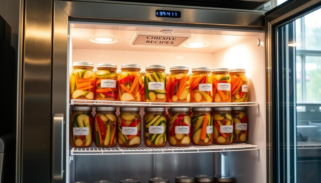 A stainless steel commercial refrigerator stands in a brightly lit kitchen, its shelves filled with an array of glass jars containing sliced vegetables and a brine solution. The jars are neatly arranged, showcasing the vibrant colors of the pickled produce. A COHESIVERECIPES label is prominently displayed, indicating the brand. Soft, even lighting from overhead fixtures casts a warm glow, highlighting the crisp textures and tantalizing hues of the pickled ingredients. The scene conveys a sense of order, efficiency, and the care taken in the batch refrigerator pickling process.