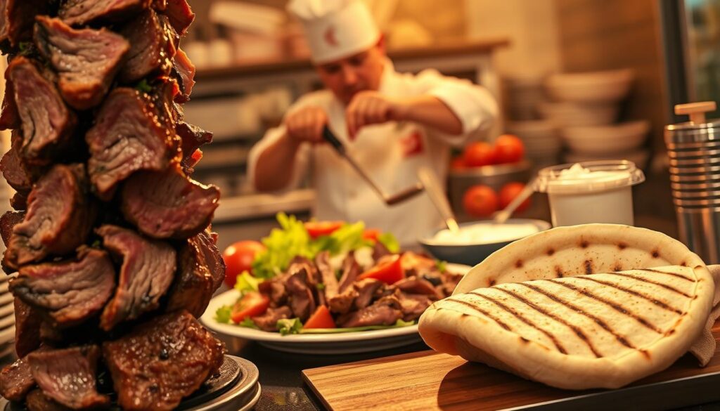A step-by-step visual guide for preparing delicious Greek lamb gyros. In the foreground, freshly marinated lamb slices sizzle on a vertical rotisserie, releasing enticing aromas. In the middle, a chef skillfully slices the tender meat into thin strips, arranging them on a platter. In the background, vibrant tomatoes, crisp lettuce, and creamy tzatziki sauce await, ready to be assembled into the iconic gyros wrap. Soft pita bread, grilled to perfection, takes center stage. Warm lighting casts a golden glow, evoking the vibrant atmosphere of a traditional Athens eatery. COHESIVERECIPES