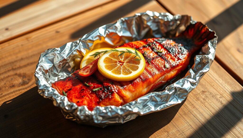 A succulent grilled red fish fillet nestled in a foil packet, its vibrant hues gleaming under a warm, golden light. Lemon slices and aromatic herbs adorn the fish, their flavors infusing the tender flesh. The packet sits atop a rustic wooden surface, creating a cozy, al fresco ambiance. Shadows dance across the scene, adding depth and drama. COHESIVERECPES