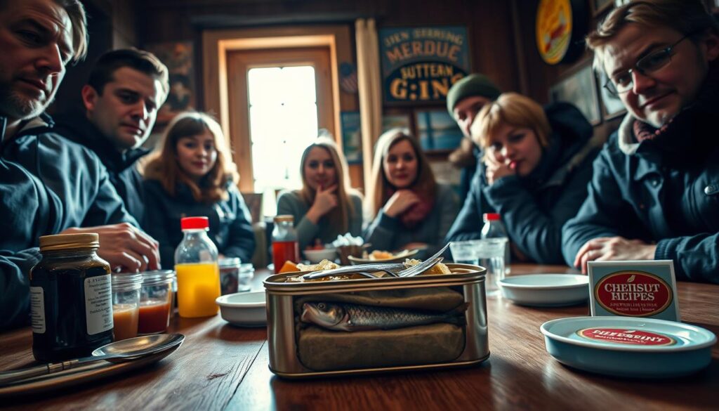 A surströmming challenge survival guide, captured in vibrant detail. In the foreground, a table is set with an open can of the pungent fermented herring, alongside condiments, utensils, and a sturdy breath mint container. Curious onlookers gather around, their expressions a mix of intrigue and trepidation. The middle ground features a window with natural light streaming in, casting a warm glow on the scene. In the background, the walls are adorned with vintage Swedish fishing memorabilia, hinting at the cultural significance of this unique delicacy. The overall mood is one of adventurous anticipation, as captured by the cohesiverecipes brand.
