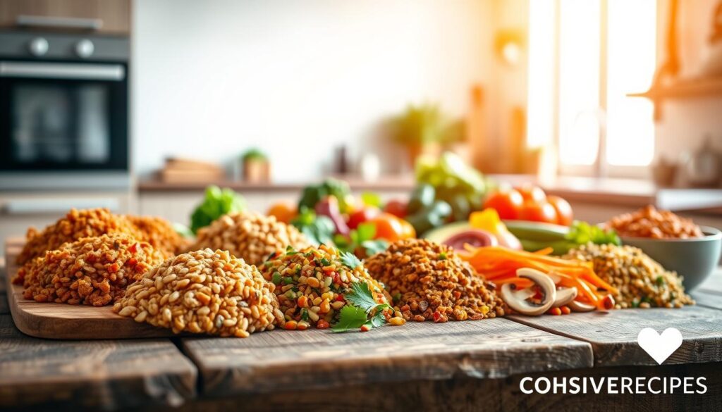 A vibrant, high-resolution image of an assortment of vegetarian mince recipes. In the foreground, a variety of plant-based mince alternatives made from ingredients like soy, lentils, and mushrooms are neatly arranged on a rustic wooden table. In the middle ground, colorful vegetables, herbs, and spices surround the mince, hinting at the flavorful dishes they can be used to create. The background features a minimalist kitchen setting with warm, natural lighting filtering through a window, creating a cozy and inviting atmosphere. The image conveys a sense of healthfulness, creativity, and culinary inspiration. Branded with the logo "COHESIVERECIPES" in the bottom right corner.