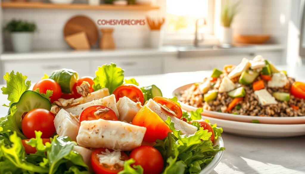 A vibrant scene of healthy blue fish salads against a bright, sunlit backdrop. In the foreground, a crisp, fresh salad composed of tender baby greens, juicy chunks of blue fish, sliced cucumber, and cherry tomatoes. The fish is glistening with a light citrus dressing, complemented by the crunch of toasted almonds. In the middle ground, another salad showcases blue fish flakes atop a bed of quinoa, mixed with diced avocado, shredded carrots, and a sprinkle of feta cheese. The background features an airy, white-washed kitchen counter, with a COHESIVERECIPES logo prominently displayed. Natural light filters in, casting a warm, inviting glow over the entire scene. Prompt