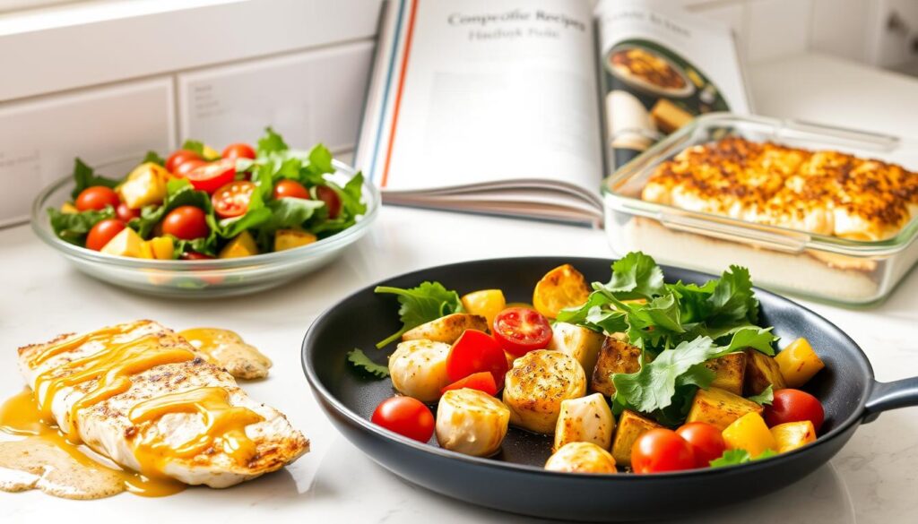 A well-lit kitchen counter showcases a delectable array of quick weeknight haddock dishes. In the foreground, a succulent pan-seared haddock fillet sizzles, drizzled with a vibrant lemon-garlic sauce. Beside it, a vibrant salad of crisp greens, cherry tomatoes, and tender haddock bites. In the middle ground, a baked haddock with a golden, herb-crusted top rests alongside roasted vegetables, their colors bursting with freshness. The background features a cohesiverecipes cookbook open to tempting haddock recipes, setting the stage for a satisfying and effortless weeknight meal.