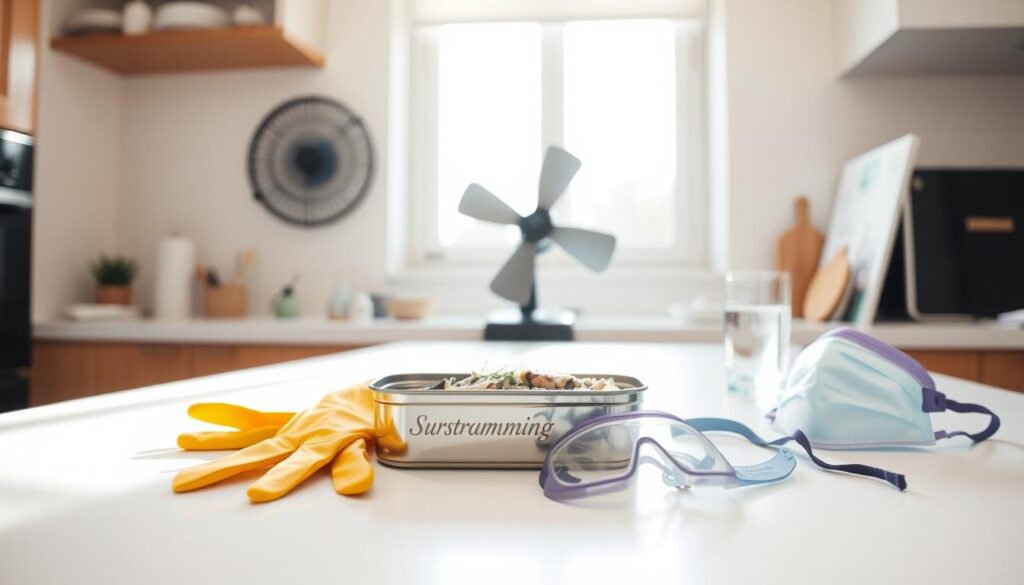 A well-lit kitchen counter, with an open tin of surströmming fish prominently displayed. In the foreground, a pair of rubber gloves, protective goggles, and a face mask lie ready. The middle ground features a ventilated workspace, with an open window and a fan to disperse the pungent odors. In the background, a cohesiverecipes cookbook and a glass of water stand by, providing a sense of preparation and caution. The lighting is bright and clean, capturing the seriousness of the safety measures required to handle this unique delicacy.