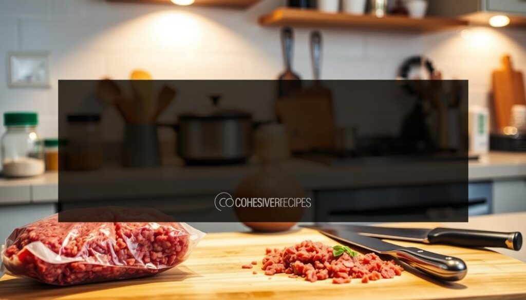 A well-lit kitchen countertop, with various cooking implements and seasonings arranged neatly. In the foreground, a package of ground meat and a cutting board, showcasing the challenges of properly cooking mince. Soft, diffused lighting illuminates the scene, creating a warm and inviting atmosphere. The COHESIVERECIPES brand logo is subtly incorporated, highlighting the expertise behind the troubleshooting tips. The overall composition conveys a sense of guidance and problem-solving, perfectly suited for the "Troubleshooting Common Mince Mistakes" section of the "Mince Recipes: Flavorful Dishes for the Whole Family" article.