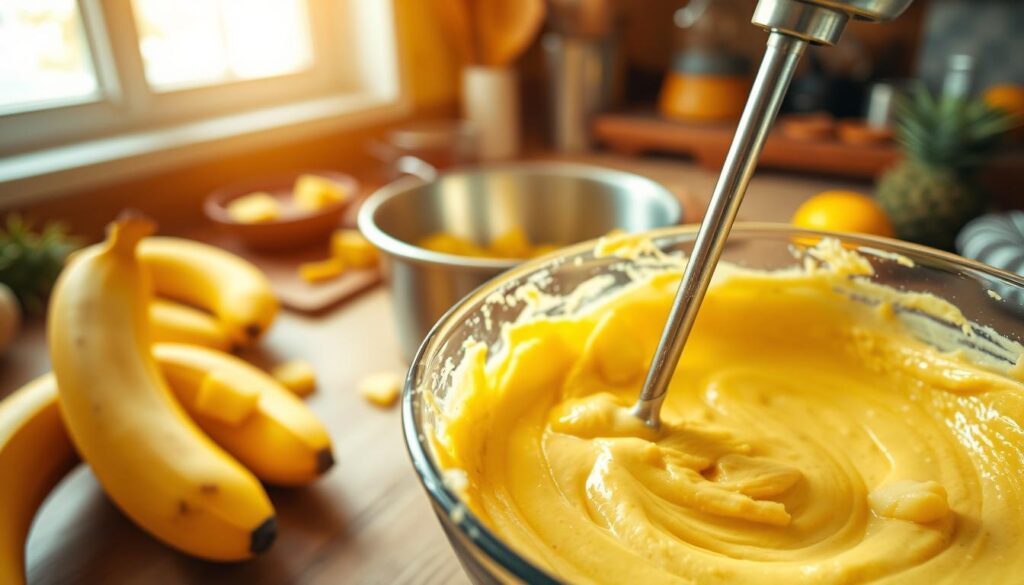 Banana pineapple batter preparation: A vibrant, textured scene. In the foreground, ripe bananas and fresh pineapple chunks are being mixed into a smooth, creamy batter using a hand-held mixer. The batter is a rich, golden hue, with a few stray pineapple pieces visible. In the middle ground, a large stainless steel mixing bowl sits on a wooden countertop, surrounded by a scattering of baking utensils. Warm, natural lighting from a nearby window casts a soft glow over the scene. The overall mood is one of culinary anticipation, with the promise of a delicious baked treat. Cohesiverecipes.