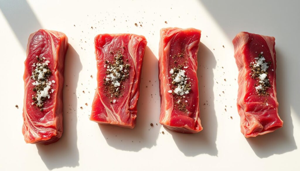 Cohesive recipes: A pristine close-up of freshly trimmed boneless short ribs, seasoned with a tantalizing blend of coarse sea salt, freshly cracked black pepper, and a hint of smoked paprika. The ribs are arranged on a clean white surface, casting soft shadows that accentuate their succulent texture. Warm, natural lighting bathes the scene, evoking a sense of culinary preparation and anticipation. The composition is centered and well-balanced, drawing the viewer's gaze to the carefully prepped short ribs, ready to be transformed into a mouthwatering braised dish.