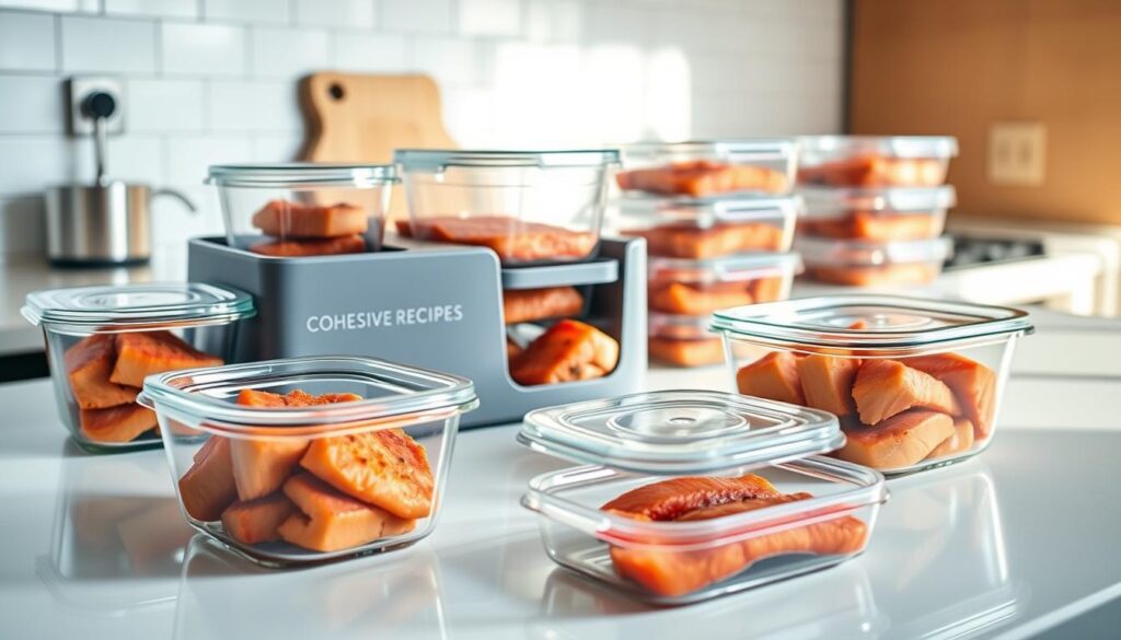 Cohesive, well-organized red fish meal prep storage solutions on a clean, light-filled kitchen counter. In the foreground, glass containers with tightly sealed lids hold carefully portioned servings of marinated, oven-roasted red fish fillets. The middle ground features a slate-grey COHESIVERECIPES branded storage rack, neatly holding additional containers and a cutting board. Soft, natural daylight illuminates the scene, creating a calming, inviting atmosphere. The background showcases a minimalist tiled backsplash and a glimpse of a modern, stainless-steel appliance. Crisp, high-resolution photography with a slightly elevated camera angle to showcase the entire setup.