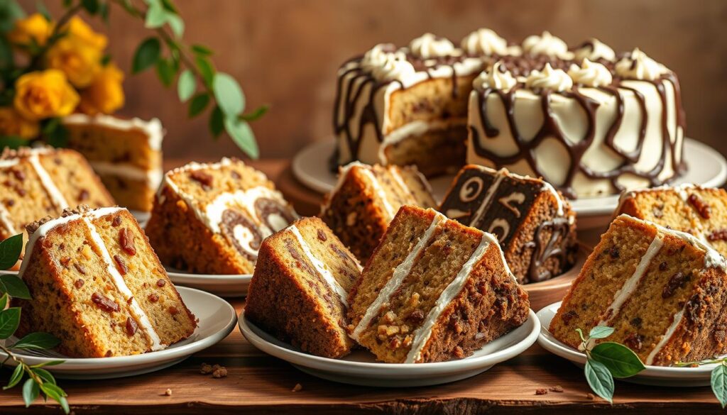 Cohesiverecipes: A delightful display of hummingbird cake recipe variations, captured in vibrant detail. A lush, photorealistic composition showcases an array of tempting slices, each with its own unique twist - from classic pineapple and pecan to decadent chocolate-swirled and citrus-infused. Bathed in soft, natural lighting, the cakes are set against a backdrop of warm, earthy tones, evoking the comforting flavors of the American South. The scene is framed with a sense of artful elegance, inviting the viewer to indulge in the delectable possibilities of this beloved Southern treat.