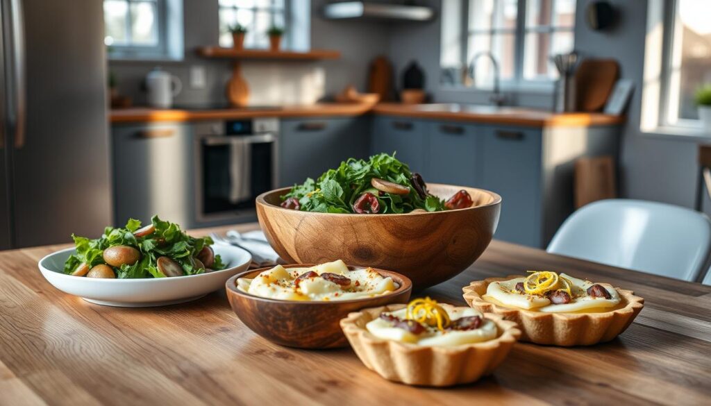 Cohesiverecipes: A modern kitchen setup with sleek appliances and minimalist decor. Centered on a wooden table, a rustic wooden bowl filled with various contemporary surströmming-inspired dishes - a vibrant green salad, a creamy surströmming and potato gratin, and an elegant surströmming tartlet garnished with lemon zest. Soft natural lighting filters through large windows, casting a warm glow on the scene. The atmosphere exudes a sense of culinary experimentation and elevated, approachable presentation of this traditional Scandinavian delicacy.