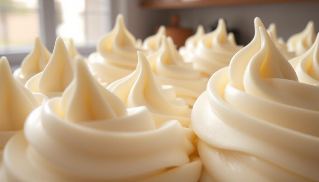 Cream cheese frosting piping techniques - a close-up view of intricate swirls, peaks, and rosettes in a cohesiverecipes kitchen. Soft, billowy frosting in a neutral palette, with muted lighting from a large window casting a warm glow. The frosting appears silky smooth, with a glossy sheen. The camera angle is slightly elevated, providing an intimate, almost tactile perspective of the frosting's luxurious texture. The background is blurred, allowing the frosting to be the focal point, showcasing the skill and artistry of the piping.
