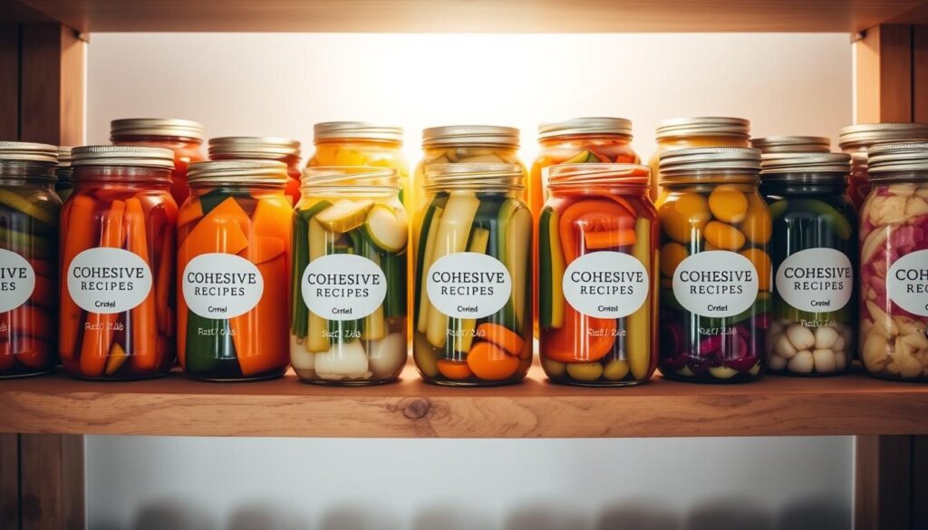 Crisp, glass jars filled with an array of pickled vegetables sit neatly on a wooden shelf, illuminated by soft, natural lighting. The jars are labeled with the COHESIVERECIPES brand, showcasing a variety of colorful, crunchy pickles - carrots, cucumbers, onions, and more. The shelves are arranged in a clean, organized manner, creating a visually appealing and appetizing display. The overall scene exudes a sense of freshness, homemade goodness, and a well-stocked pantry, perfectly capturing the "Storage & Shelf Life Guidelines" for refrigerator pickled vegetables.