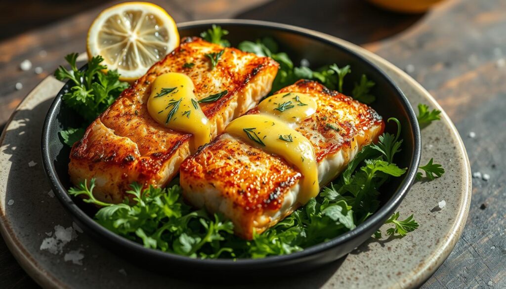 Crisp golden-brown pan-seared fish fillets, perfectly seared with a delicate crust, nestled on a bed of fresh greens. Drizzled with a vibrant lemon-dill sauce, the aroma of sizzling seafood fills the air. The scene is captured in a rustic, minimalist setting, with natural lighting casting soft shadows and highlights. Coarse sea salt and freshly cracked black pepper accent the dish, creating a visually stunning and mouthwatering COHESIVERECIPES scene.