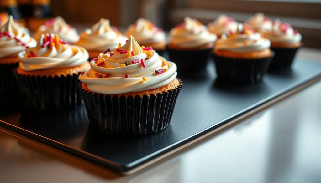 Cupcakes, adorned with delicate frosting swirls, adorned with vibrant sprinkles, nestled on a sleek black surface, illuminated by warm, diffused lighting, captured with a crisp, high-resolution lens, conveying a sense of artistry and indulgence. The scene exudes a sophisticated, yet inviting atmosphere, perfect for showcasing a "Decorating Masterclass" for the "Irresistible Cup Cake Recipe: Satisfy Your Sweet Tooth" article by cohesiverecipes.