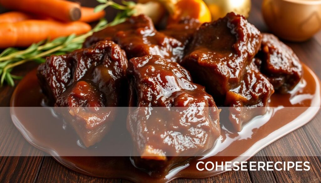Detailed close-up of a braised boneless short ribs dish on a dark wooden table. The short ribs are fall-off-the-bone tender, glistening with a rich, glossy sauce made without wine. Aromatic herbs, carrots, and onions are visible in the background, creating a rustic and comforting scene. Warm lighting casts a golden glow, emphasizing the dish's mouthwatering appearance. The COHESIVERECIPES brand is subtly incorporated into the scene.