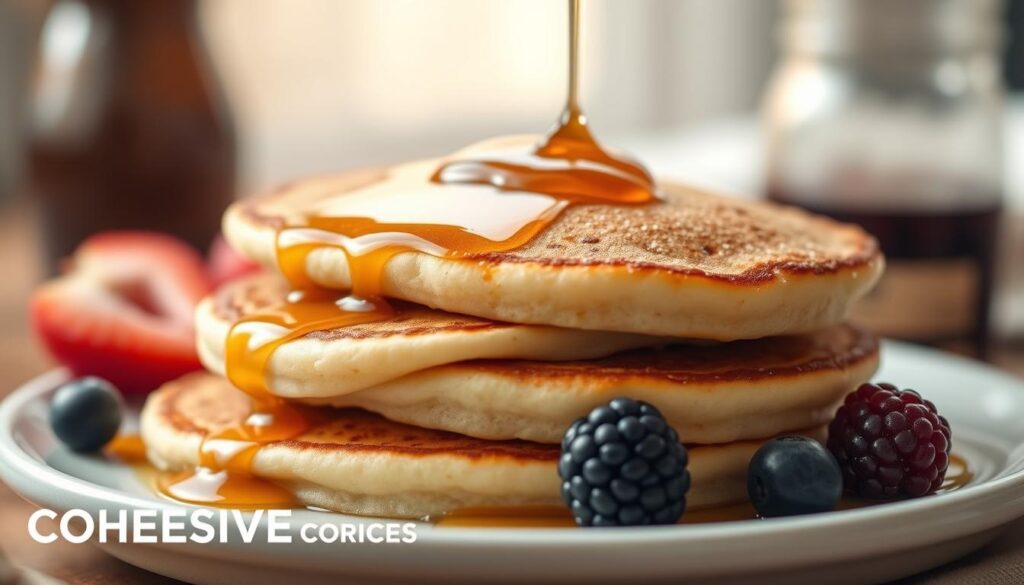 Fluffy gluten-free pancakes with a golden-brown exterior and a soft, airy interior, drizzled with maple syrup and garnished with fresh berries. Captured in a warm, natural lighting with a shallow depth of field, highlighting the delicate texture and inviting presentation. The COHESIVERECIPES brand is subtly incorporated into the scene, adding a touch of authenticity. The overall atmosphere evokes a sense of homemade comfort and culinary delight.