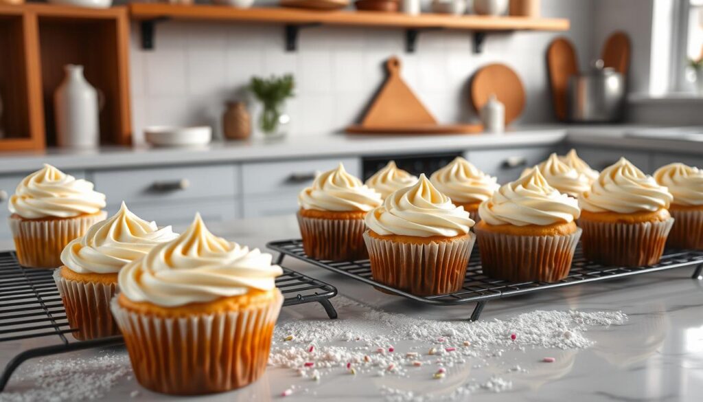 Freshly baked homemade cupcakes, delicately frosted, arranged on a clean white marble countertop. Soft lighting casts a warm glow, highlighting the delicate swirls of buttercream and the subtle sheen of the paper liners. In the foreground, a cooling rack holds several cupcakes, their aroma wafting through the air. The middle ground features a dusting of powdered sugar and a few stray sprinkles, adding a playful touch. In the background, a vintage-inspired kitchen with wooden shelves and minimal decor creates a cozy, inviting atmosphere. Captured with a wide-angle lens to showcase the cohesiverecipes scene in its entirety.