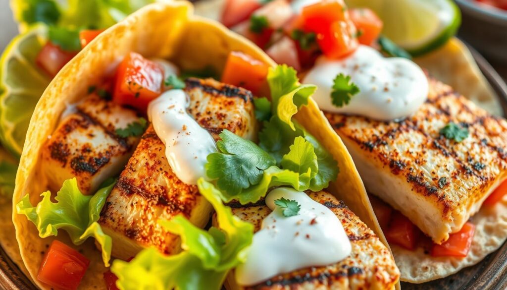Grilled low sodium fish tacos with zesty seasoning, crisp lettuce, tangy lime crema, and fresh pico de gallo. Tender flaky white fish seared to perfection, with a light charred crust, resting atop soft corn tortillas. Vibrant colors and textures create a mouthwatering scene, illuminated by warm golden light. Carefully composed for a COHESIVERECIPES editorial feature, showcasing the dish's balanced flavors and healthy ingredients.