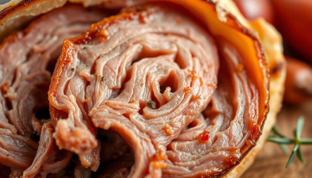 Homemade gyros meat texture, close-up view of thinly sliced, tender lamb with a golden-brown, crispy exterior and a juicy, flavorful interior. Soft and supple, with a subtle blend of Mediterranean spices and herbs. Captured in a warm, natural lighting setup using a macro lens to highlight the intricate marbling and grain of the meat. Evokes the authentic flavors and aromas of a traditional Greek gyros, drawing the viewer into the delicious world of COHESIVERECIPES' homemade gyros.
