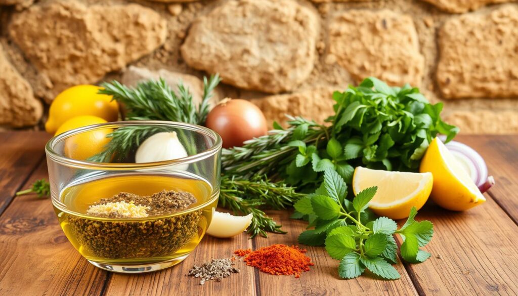 Marinade ingredients for Mediterranean-style lamb gyros, arranged on a rustic wooden table. In the foreground, a glass bowl filled with fragrant olive oil, red wine vinegar, and a blend of spices - oregano, garlic, paprika, and lemon zest. In the middle, bunches of fresh herbs like rosemary, thyme, and mint, alongside sliced onions and wedges of lemon. In the background, a textured stone wall provides a natural, earthy backdrop. Warm, golden lighting casts a cozy, inviting atmosphere. COHESIVERECIPES