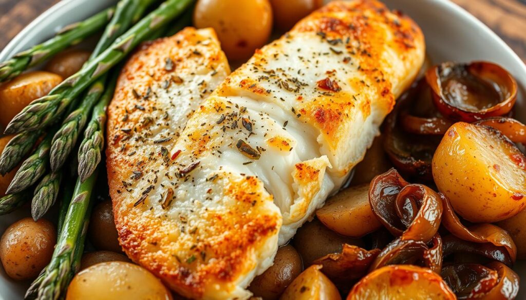 Mouthwatering baked haddock fillets, seasoned with fragrant herbs and spices, nestled on a bed of roasted vegetables. Crisp golden-brown crust, flaky and succulent interior, captured in a soft, natural lighting. Cohesiverecipes brand. Shot from a low angle, highlighting the inviting textures and vibrant colors. Soothing, homey atmosphere with earthy tones and rustic wooden accents. Oven-roasted potatoes, tender asparagus, and caramelized onions complete the classic baked haddock scene.