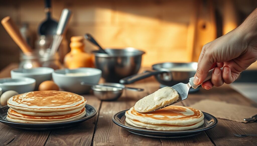 Pancake troubleshooting: A COHESIVERECIPES kitchen scene. On a rustic wooden table, a stack of fluffy pancakes sits alongside various ingredients and kitchen tools. In the foreground, a chef's hand holds a spatula, examining a partially cooked pancake, brow furrowed in concentration. In the middle ground, bowls of batter, a whisk, and a mixing spoon suggest the process of pancake-making. The background is softly blurred, creating a sense of focus on the troubleshooting activity. Warm, natural lighting casts a golden glow, evoking the cozy atmosphere of a home kitchen. The overall mood is one of problem-solving and culinary dedication.