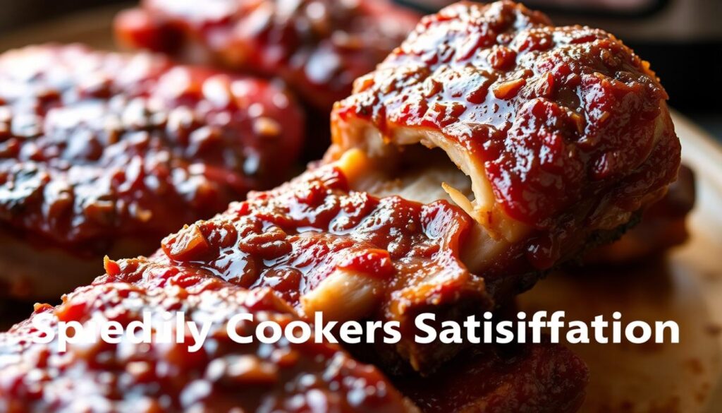 Pressure cooker boneless ribs, succulent and fork-tender, glistening with a rich, caramelized glaze. A closeup view, illuminated by warm, natural lighting, capturing the enticing texture and aroma. In the middle ground, tender meat easily pulls away from the bone, while the background suggests a rustic, earthy setting, hinting at the comforting, homemade nature of this dish. The image conveys the speed and satisfaction of the pressure cooker approach, aligning with the "Pressure Cooker Approach: Speedy Satisfaction" section title. COHESIVERECIPES